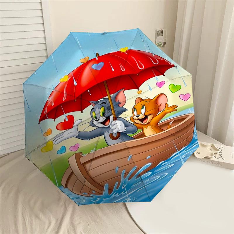 

1pc Tom and Jerry Automatic Open/Close Umbrella Compact Folding Umbrella with 8-Rib Shaft lightweight esign, for Women/Men1152A