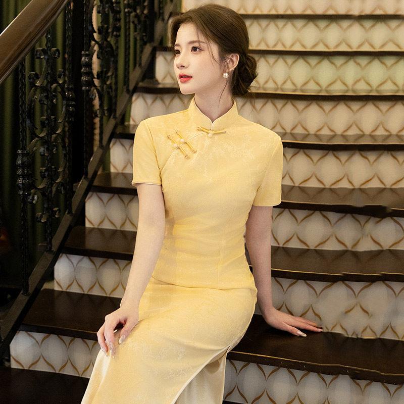 Yellow national style new Chinese long cheongsam improved young 1011 new women's high-end short sleeves daily summer