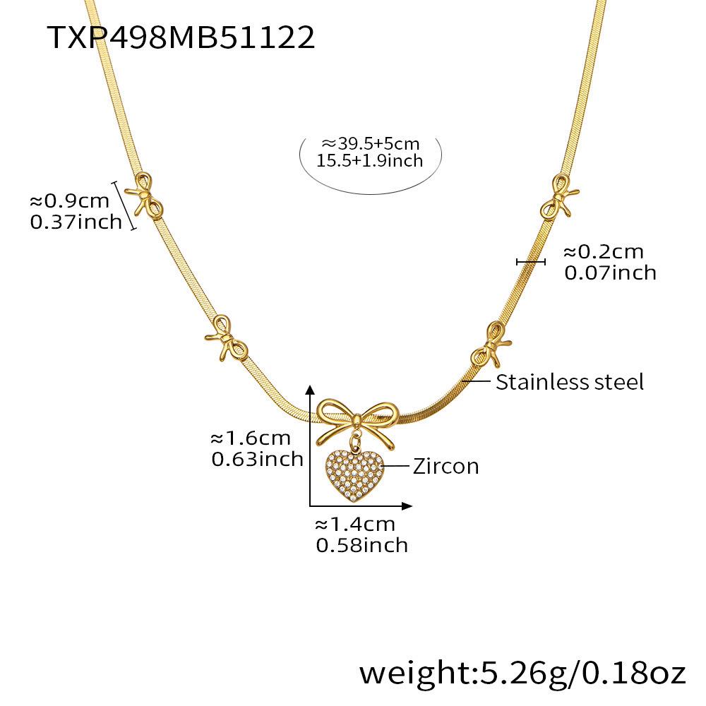 18K Gold-Plated Heart Zircon Bow Pendant Necklace & Bracelet Jewelry Set
