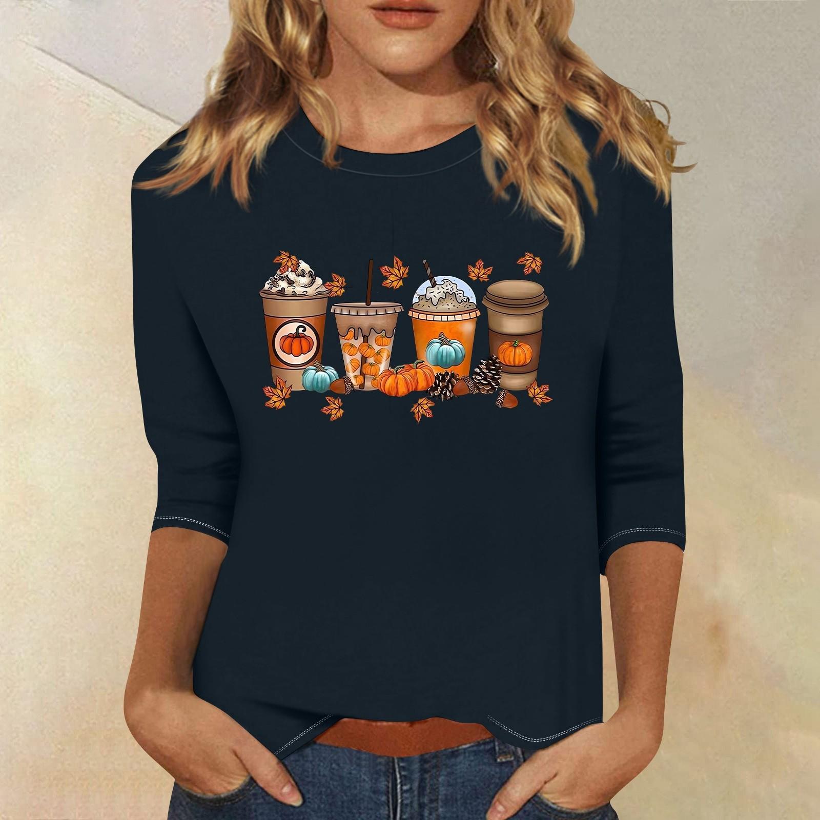 

Топи з рукавами 3/4 для жінок Футболка Повсякденні топи з принтом Футболка з круглим вирізом Пуловер Блуза XXL Темно-синій