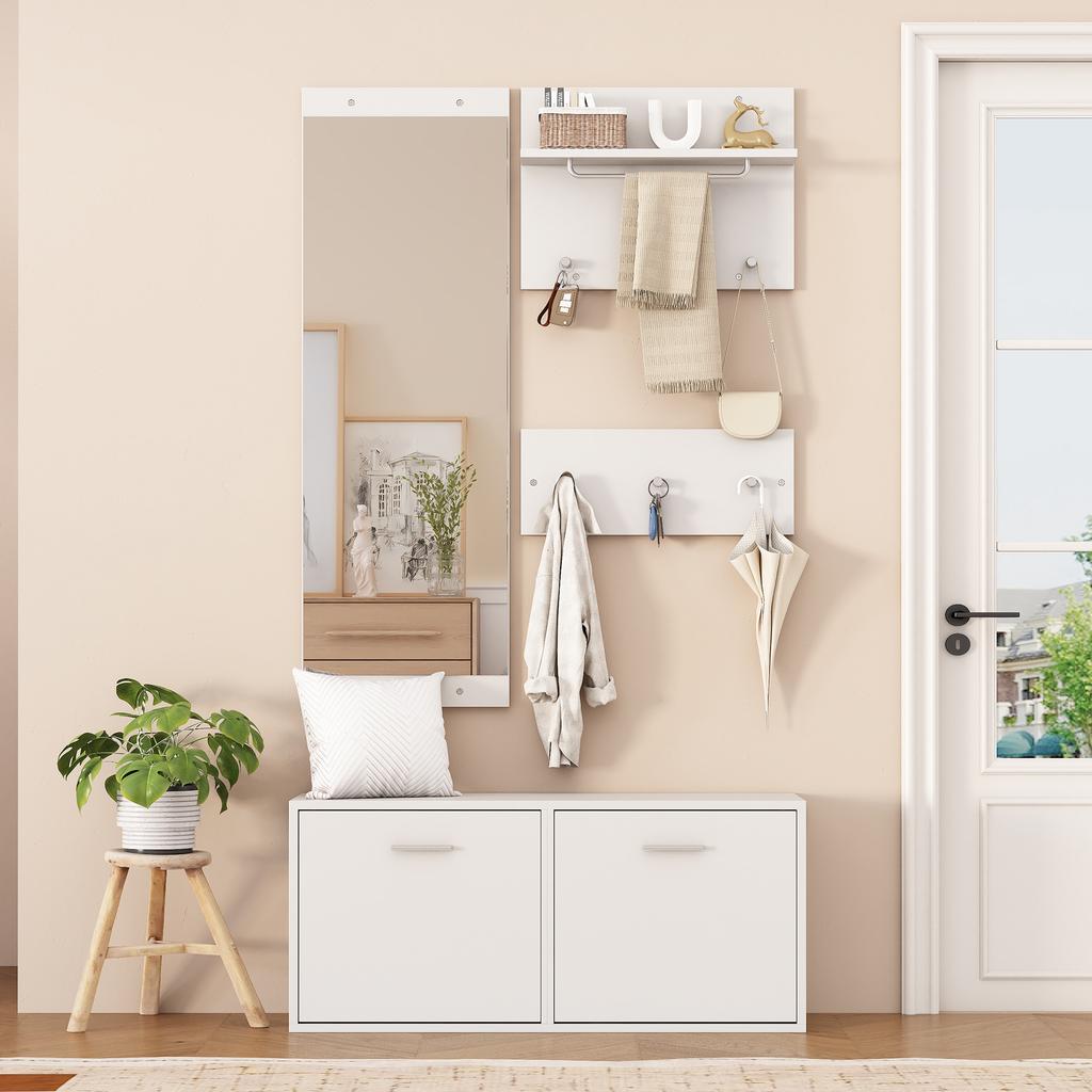 90*30*41.5cm 4-Piece Coat Rack Set with Mirror, 2 Hat Shelves and Shoe Cabinet, Compact Coat Rack with 6 Coat Hooks, White