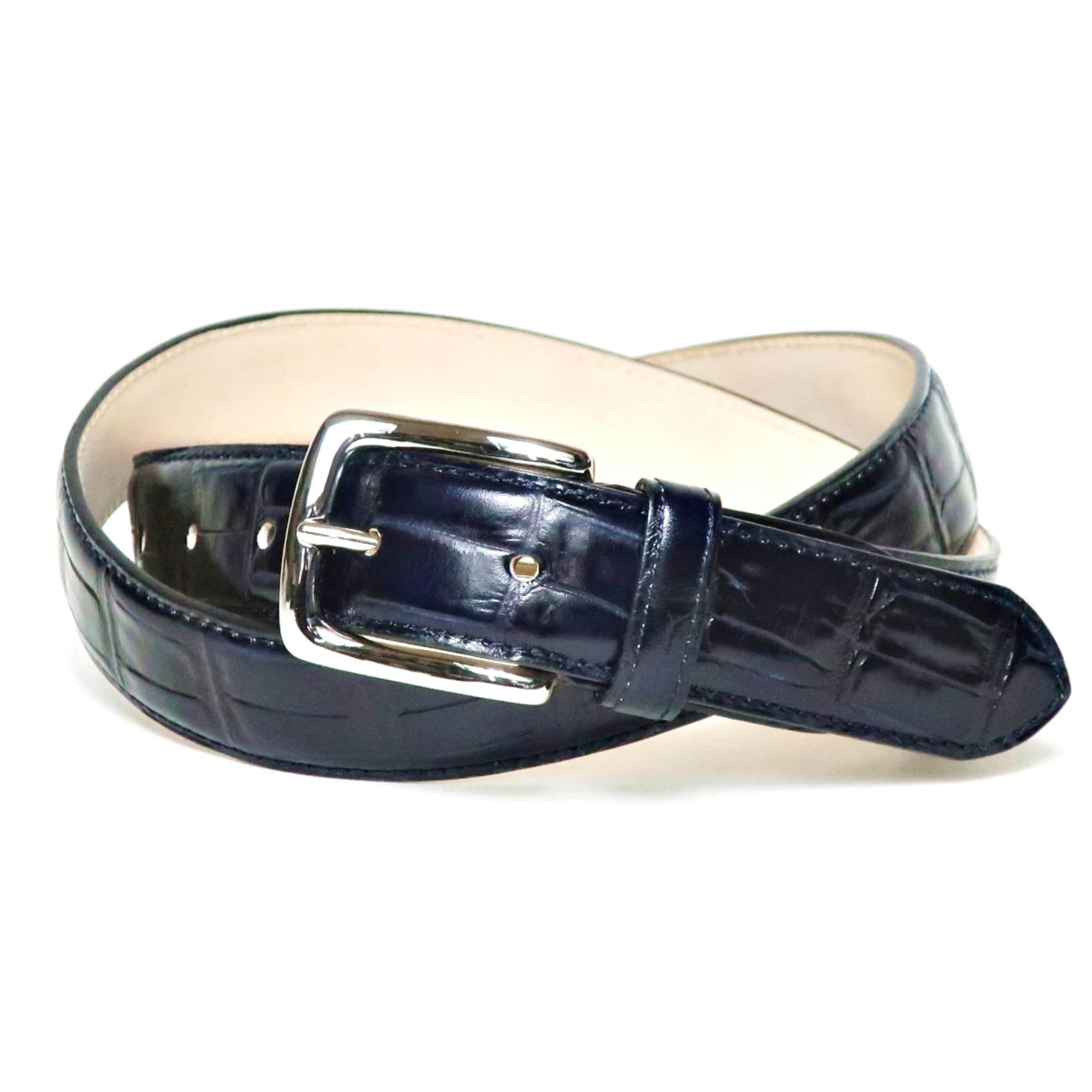 [COXSWAIN] Coxwain Men s Leather Belt, Navy Blue, Crocodile Embossed, 30mm Width, Made in Japan, CW20210-29