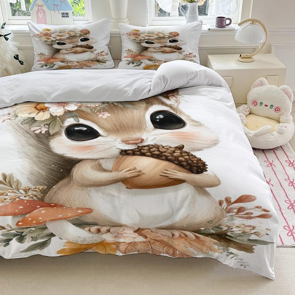 Cute Squirrel Bedding Set Soft Polyester Duvet Cover Set Quilt Cover With Pillowcase For Bedroom Decor Birthday Gift For Girls