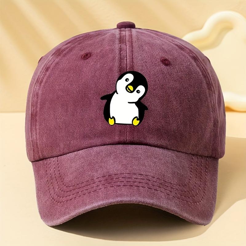 Retro washed penguin cartoon printed baseball cap suitable for men and women, suitable for adventure camping and parties