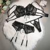 GZW Embroidered Flower Sheer Mesh Lingerie Set Women's Lace Breathable Gathered Underwire Big Bow Bra and Garter Panties Erotic Underwear