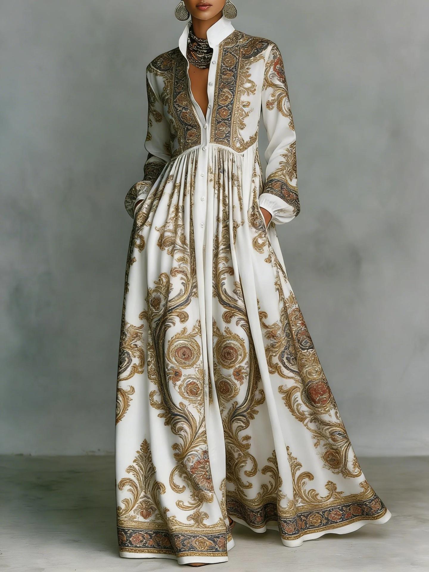 Waist Slim Long-sleeved Printed Dress Elegant Retro Casual Dress Resort Style Women s Clothing L