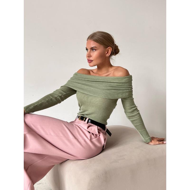 Spring and Autumn Off Shoulder Knitted Shirt Sexy Slimming Solid Color Long Sleeve Women's T-shirts