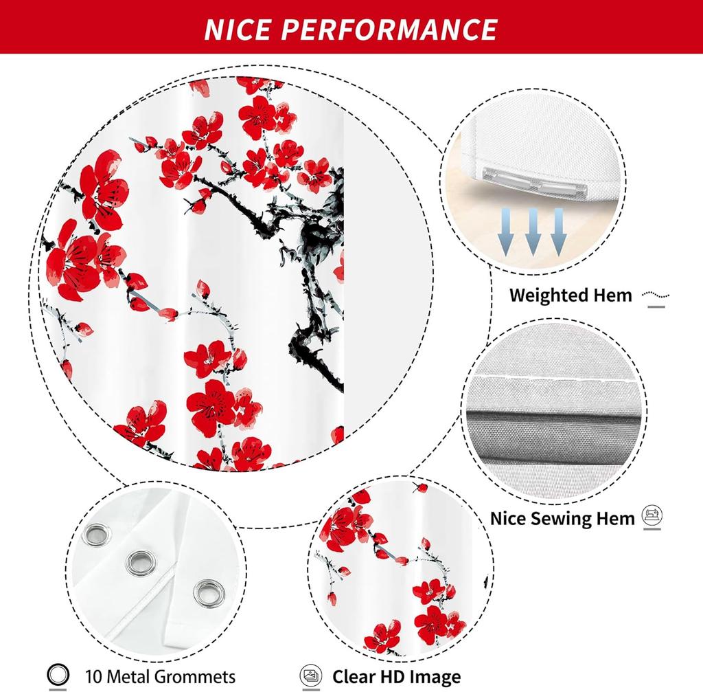 Red Floral Blossom Shower Curtain For Bathroom Plum Asian Japanese Cherry Blossoming Weeping Flower Bathtub Decor Waterproof