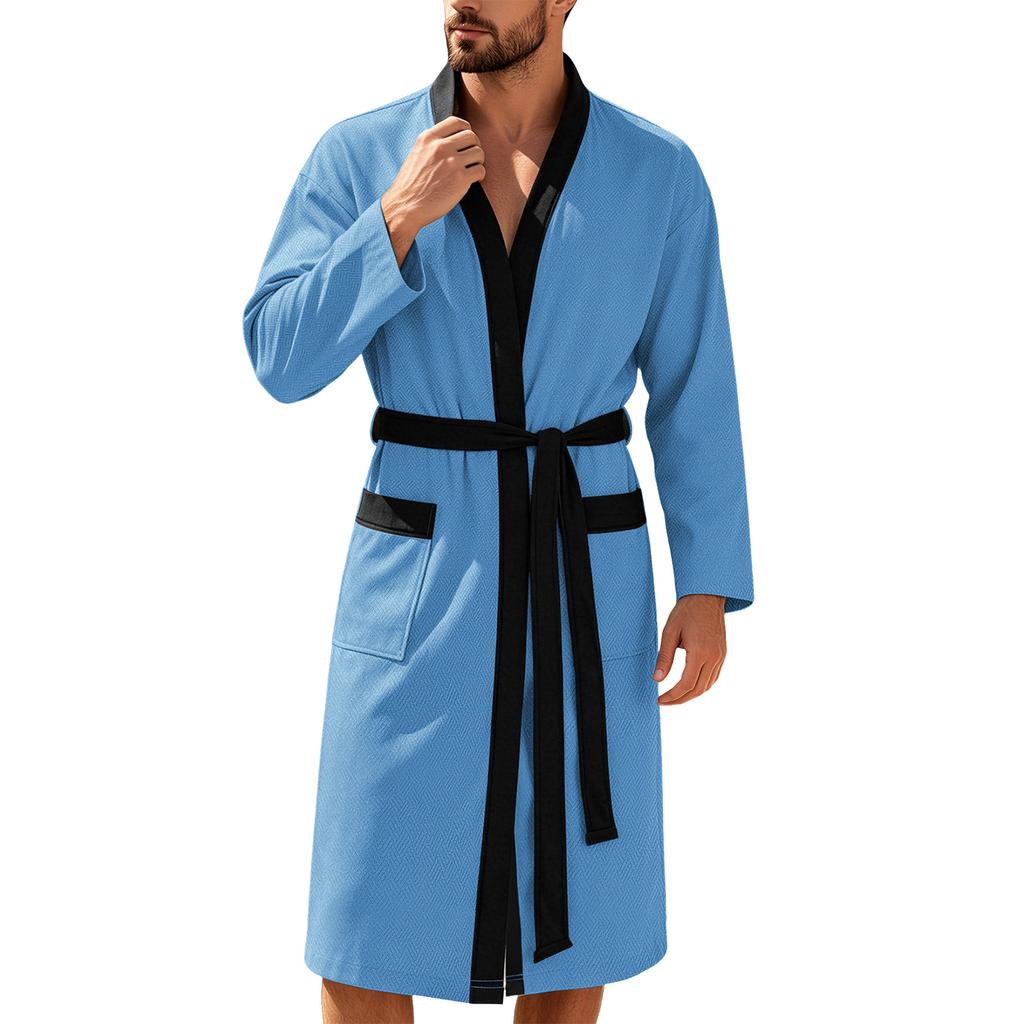 Heren Lange Twill Zachte Effen Taille Geband Casual Loungewear Badjas met Afwerking en Zakken voor Thuis of Vakantie