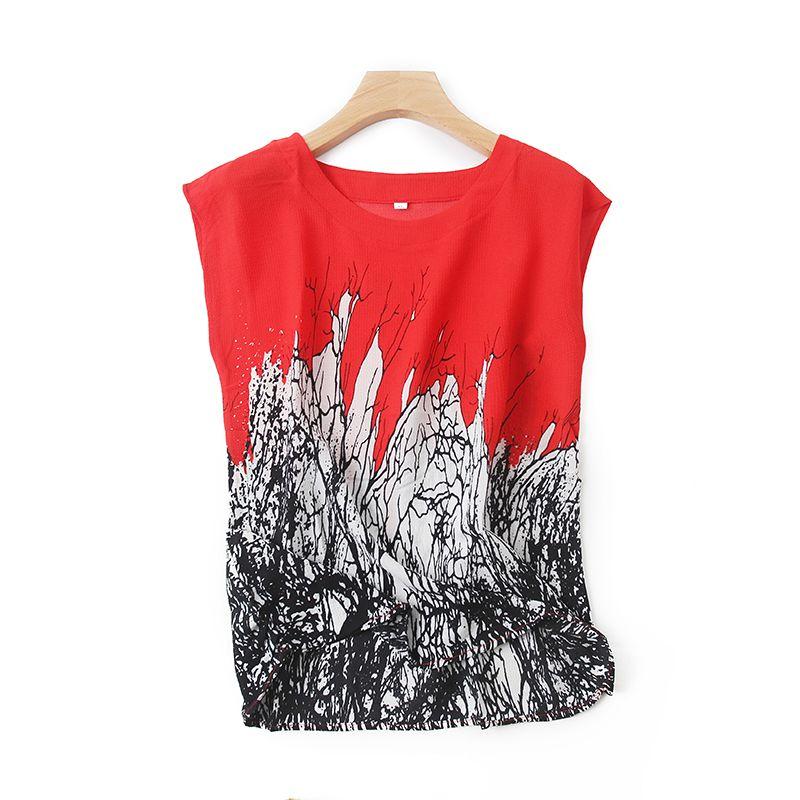 

Шифоновая рубашка с принтом летучая мышь Летняя новая без рукавов Свободная повседневная футболка Женский пуловер Топы A/5 Низ Red XL