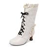 Women Sexy Lace Up Mid-Calf Heel Boots Vintage Gothic Lace High Heel Boots Victorian Steampunk Cosplay Autumn Boots Shoes 34-48