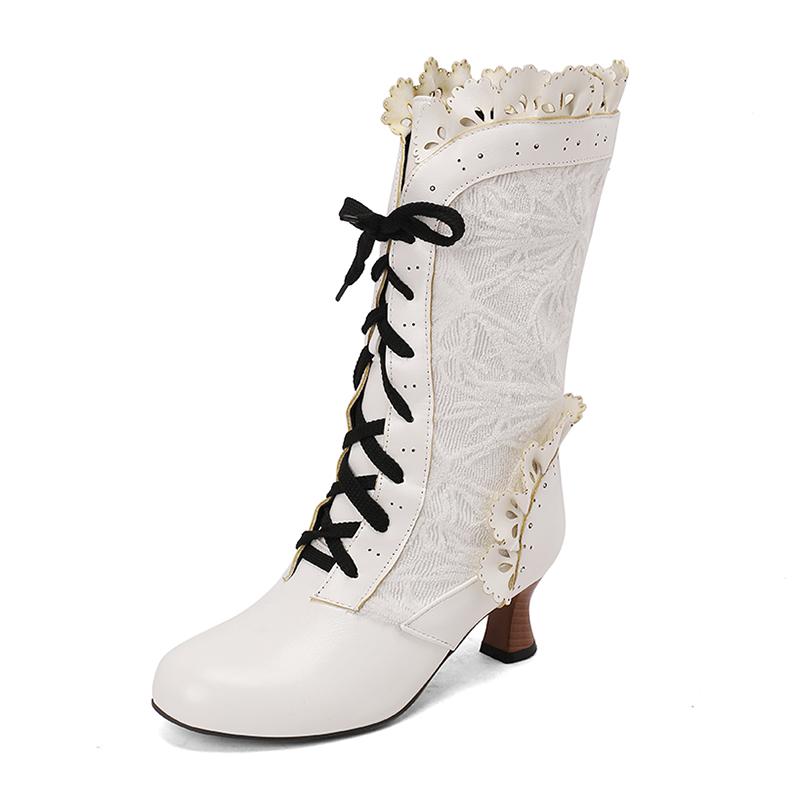 Women Sexy Lace Up Mid-Calf Heel Boots Vintage Gothic Lace High Heel Boots Victorian Steampunk Cosplay Autumn Boots Shoes 34-48