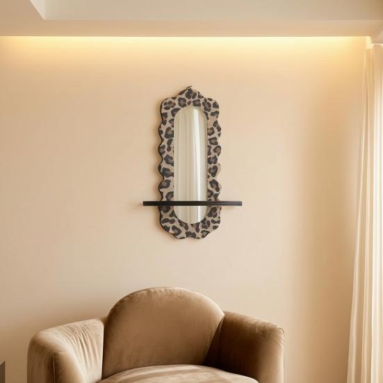 Yousheng Wooden Wall Floating Shelves Leopard Print Decorative Shelf Wall Mounted Planter Display Rack with Acrylic Mirror for Living Room Entryway