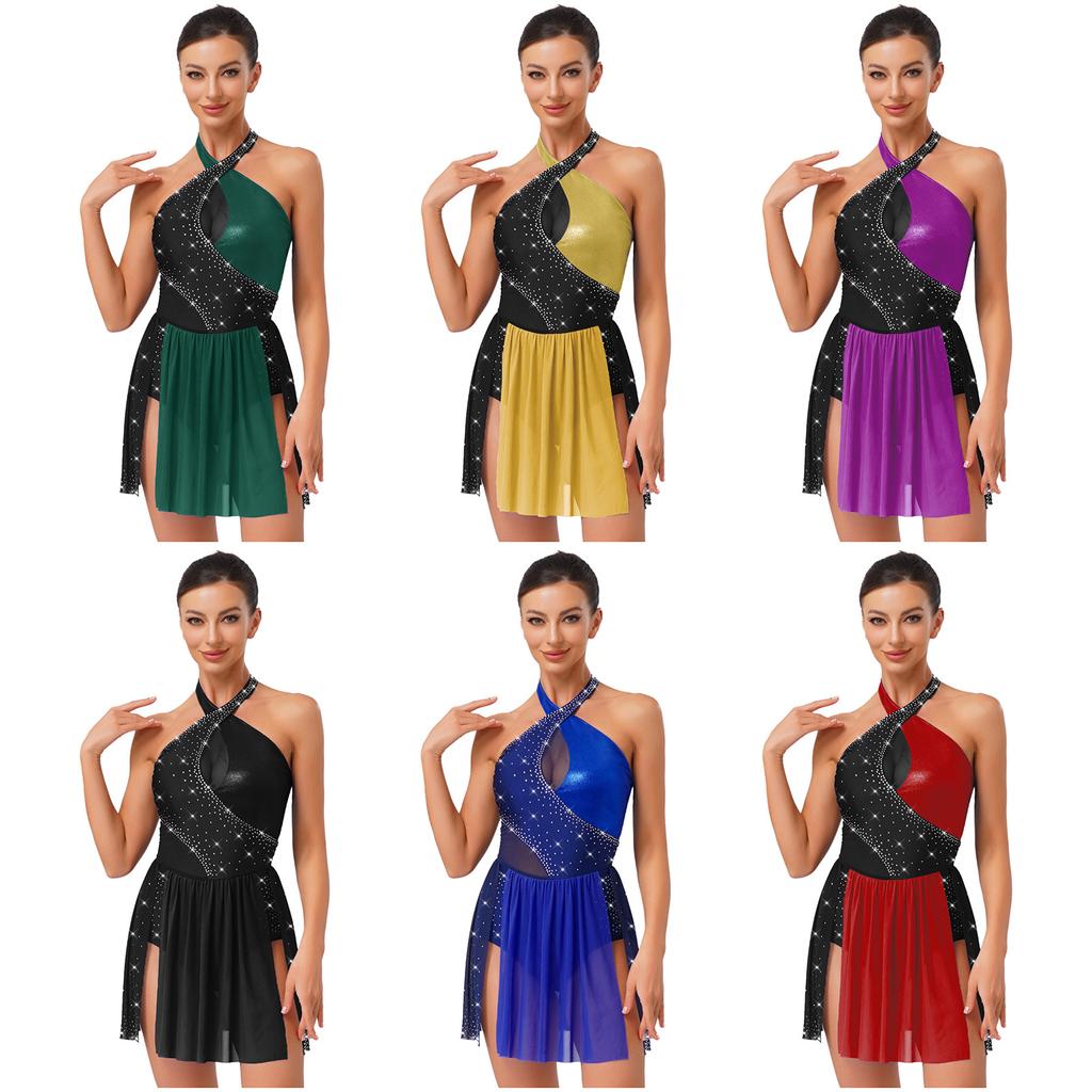 Womens Figure Skating Leotard Sparkle Rhinestone Irregular Hem One Piece Bodysuit Dress Ballet Latin Dance Costume