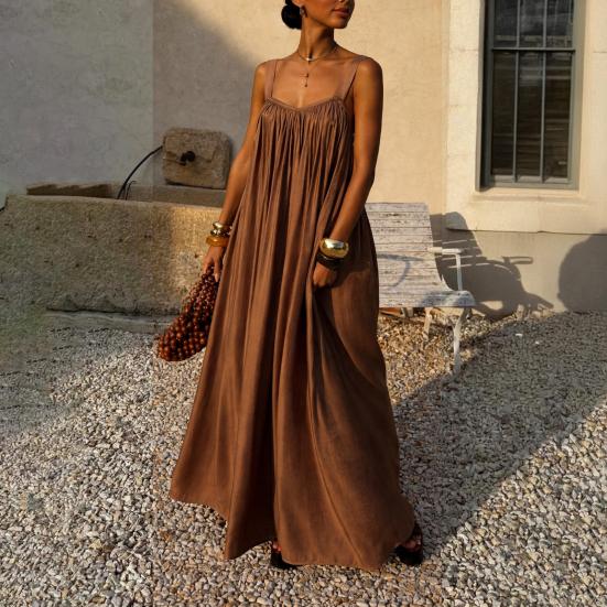 Women Summer Dress Sleeveless Spaghetti Strap Pleated Maxi Dress Beach Vacation Loose Flowy Sundress