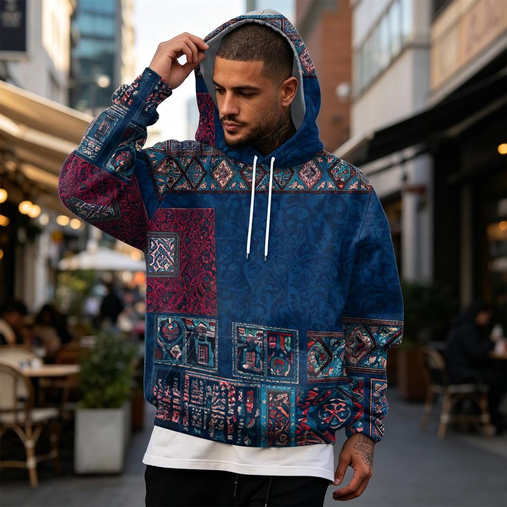 Men's Vintage Hoodie with Print and Patchwork Design, Single Pocket Casual Top