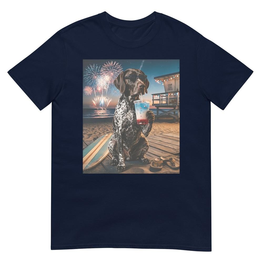 Gerunisex Shorthaired Pointer Patriotic Beach Fireworks Dog Art TShirt S