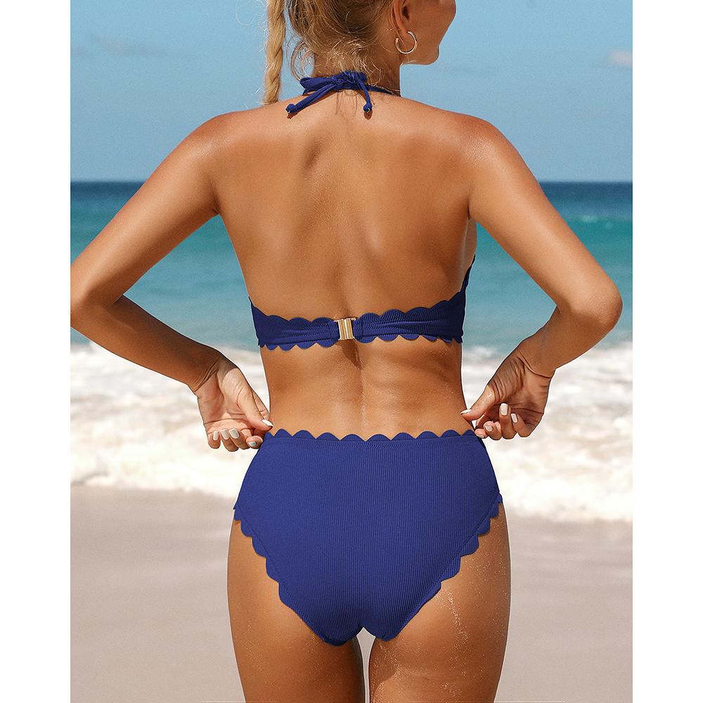 CHARMLEAKS Women's Two Piece Bikini Set Halter Neck Padded Wavy Edge Hollow Out Swimsuit Solid Swimmingwear