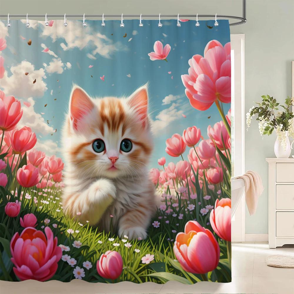Floral Summer Shower Curtain Cat and Dog Animals Fabric Shower Curtains for Rustic Bathroom Decor Spring Plant Shower Curtain
