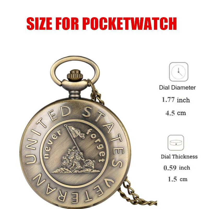 Vintage Bronze ‘’never Forget Veteran ‘’ Pattern Design Quartz Pocket Watch with Necklace Chain Commemorate Gift for Men Women