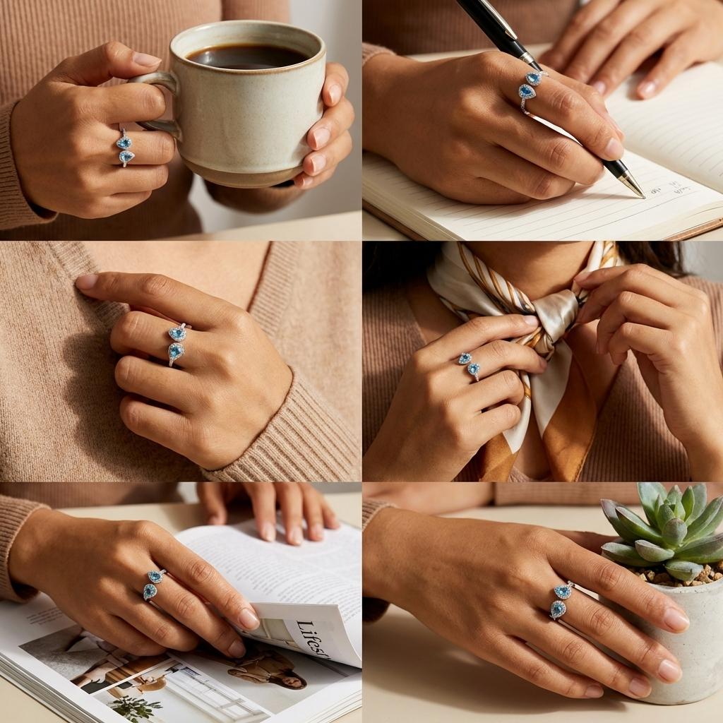 Romantic Blue Double Teardrop Crystal Adjustable Ring for Women Exquisite Micro Paved Zircon Open Finger Ring Party Jewelry