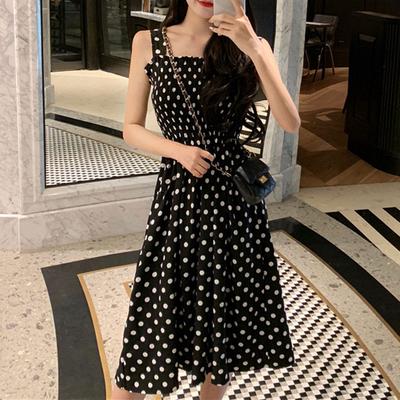 Red Inner Strap Skirt Women's Summer Long Polka Dot One-line Shoulder Dress Slimming Suspenders Base Skirt