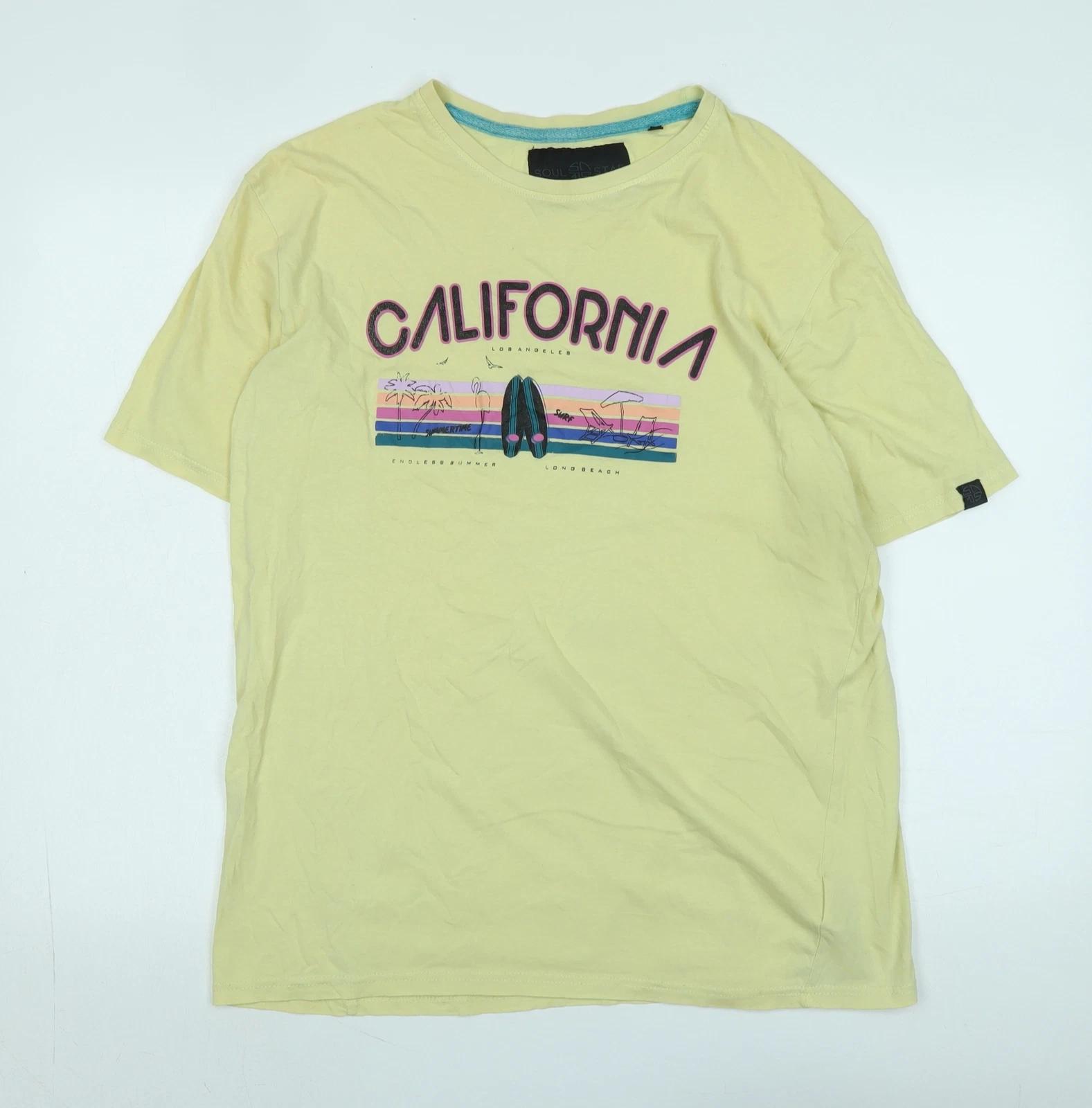 Soul Star Mens Yellow Cotton T-Shirt Size XL Crew Neck - CALIFORNIA L