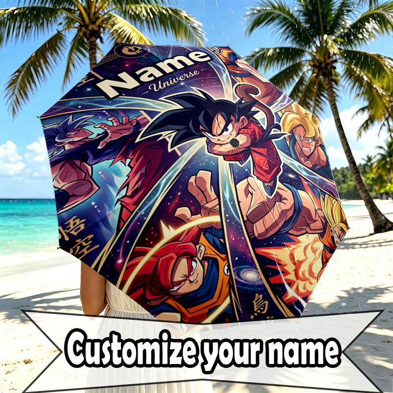 Custom Name Personalized Dragon Ball Z Print Umbrella, Auto Open Close, 8‑Rib Sturdy Frame, Commute Camping Hiking Use, Birthday Gift