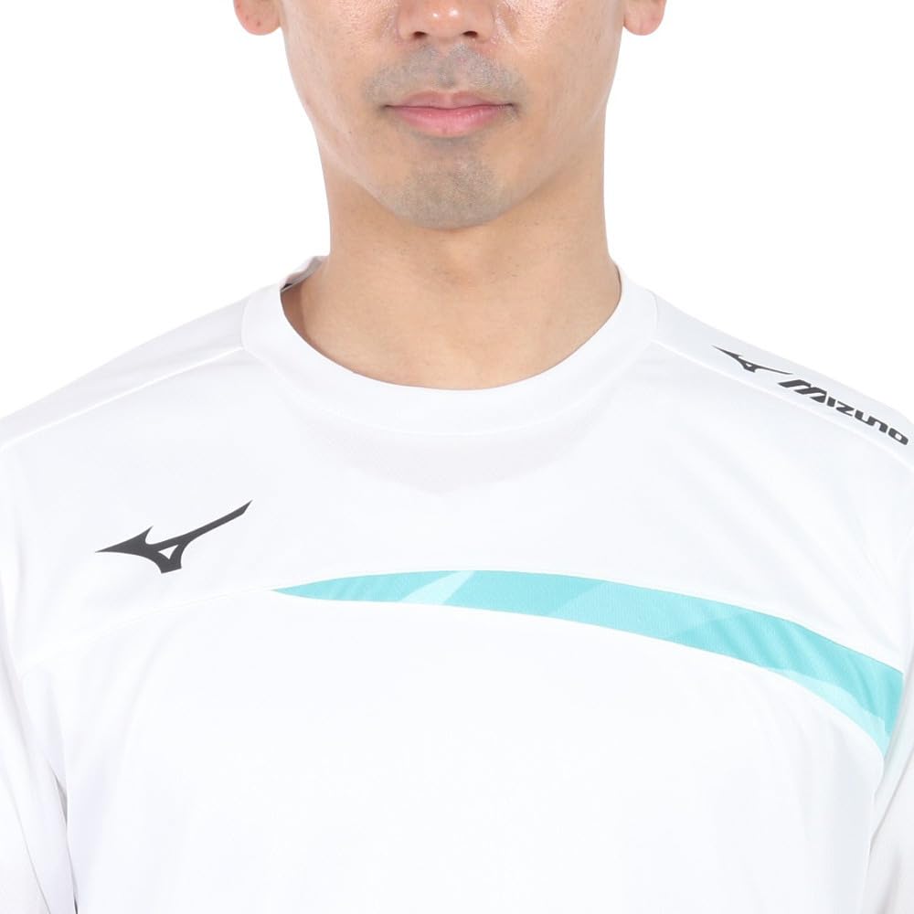 Mizuno Tennis Practice Long Easy to Move Size L Shirt, Sleeve, Moisture-Wicking, Quick-Drying, in, 62JAA510, White/Turquoise,