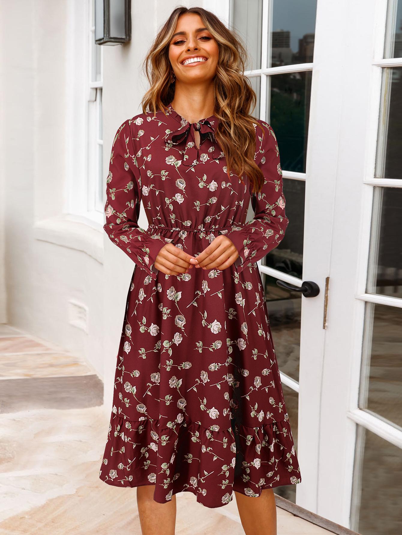 

Floral Print Wrap Dress with Long Sleeves and Ruffled XL