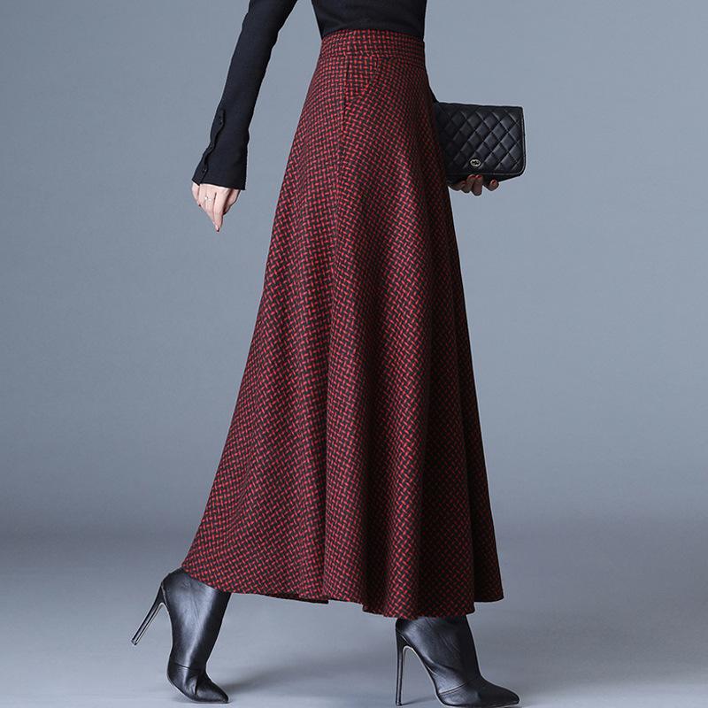 Aktualisierter Winter High-Waist Großer Schirmrock Vintage-Stil Mittellang Kariert Hüftbedeckend Temperament Wollrock für Damen