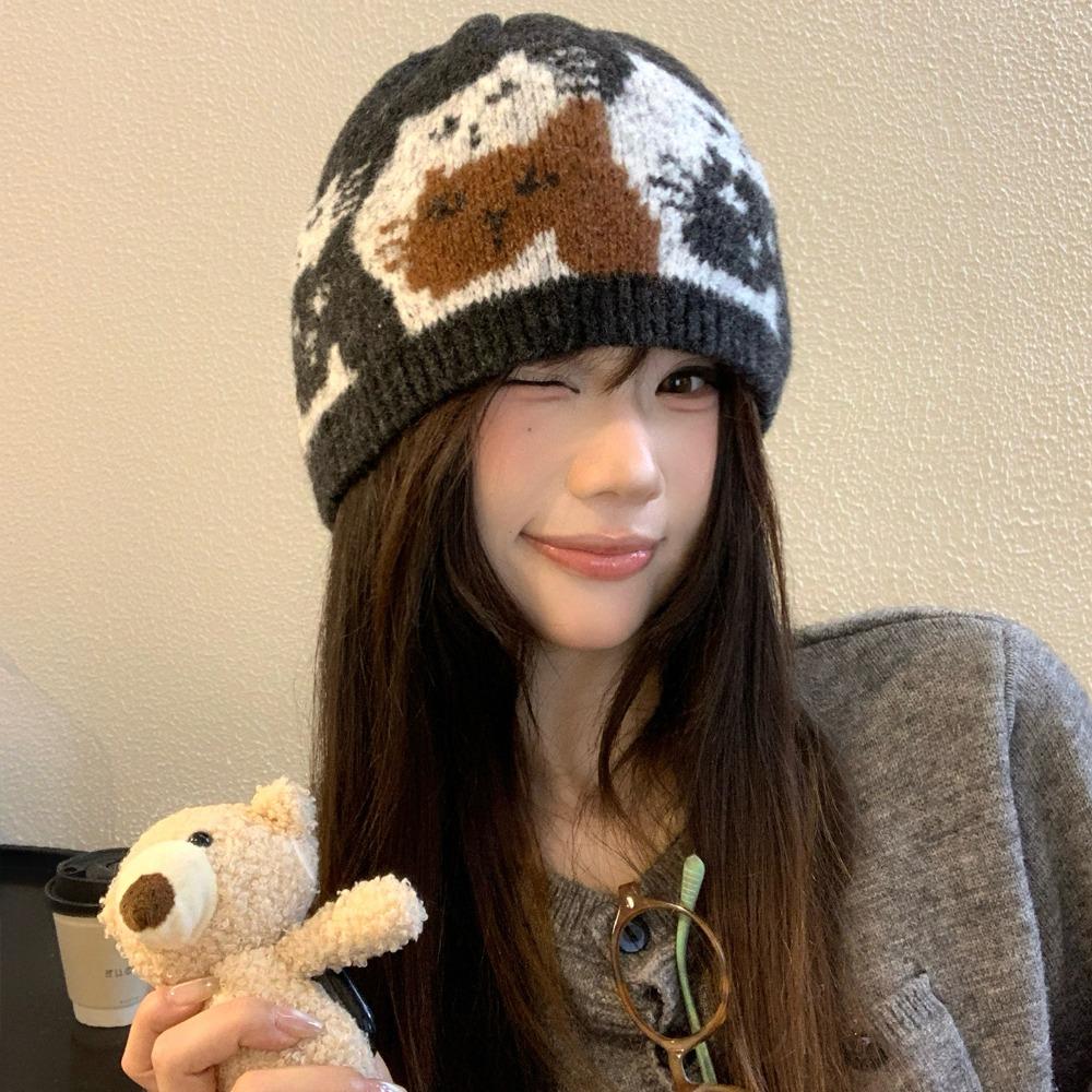 Warm Jacquard Pattern Beanies Fair Isle Style Printing Knit Cap Jacquard Cat Knitted Hat Girls