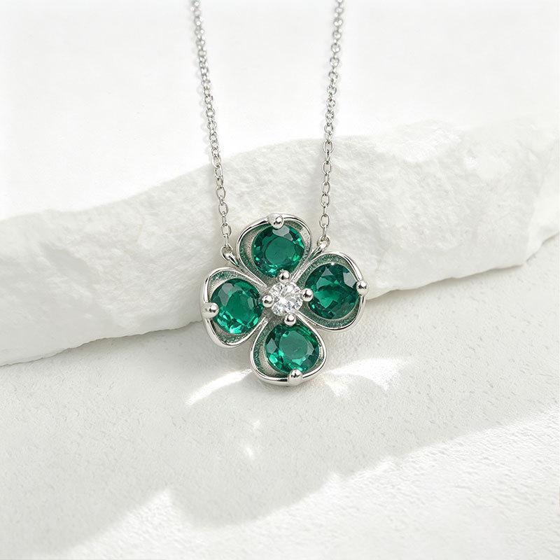 Women's Silver Emerald Four-Leaf Clover Necklace - Elegant Everyday Accessory for Birthday or Qixi Gifts