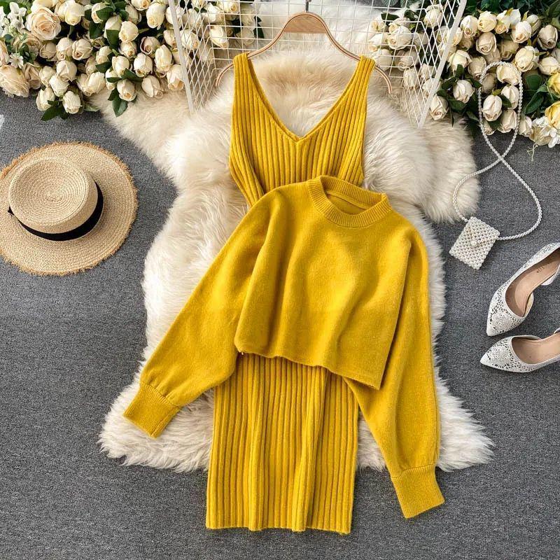 Autumn/Winter Chic Turtleneck Batwing Sweater & V-Neck Dress Set