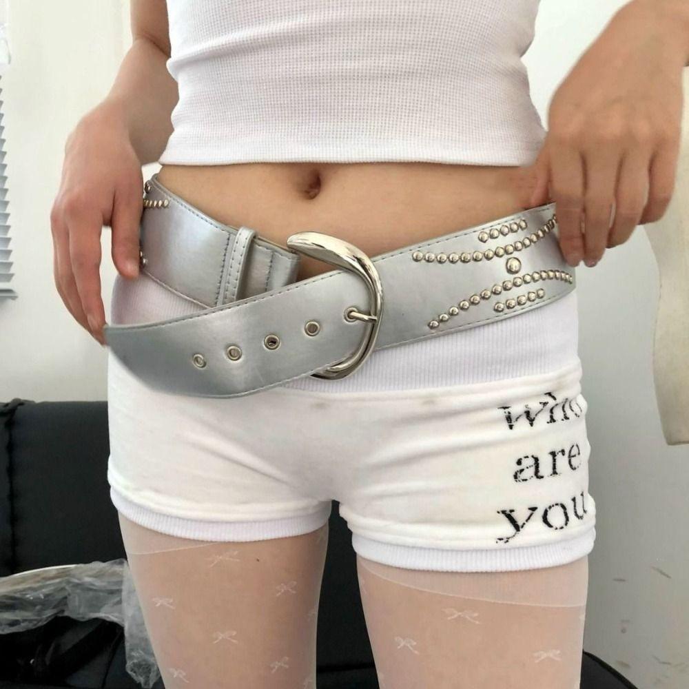 Y2K Wide Belt Silver PU Leather Waistbands Vintage Rivet Waist Belt  Jeans