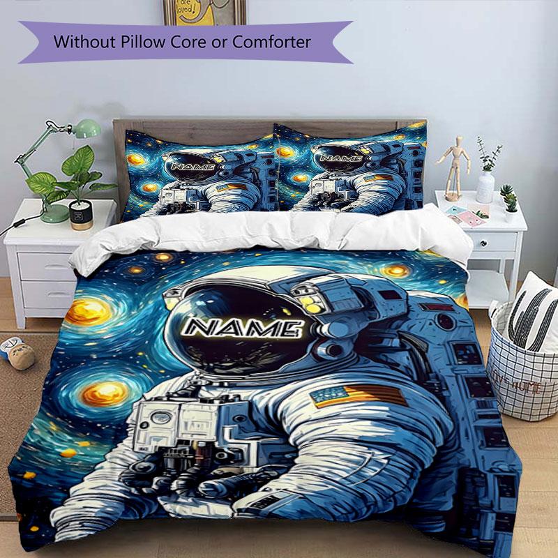 3PC Custom Name Astronaut Space Bedding Set Duvet Cover Closure Includes 1 Duvet Cover & 2 Pillowcases for Bedroom