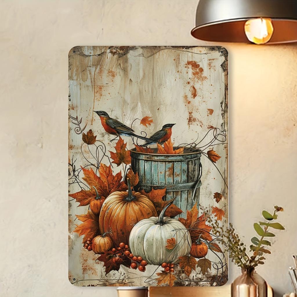 Autumn Harvest Iron Metal Tin Sign - Vintage Pumpkin and Birds Wall Art, Rustic Farmhouse Decor - For Home& Fall Decor Lovers