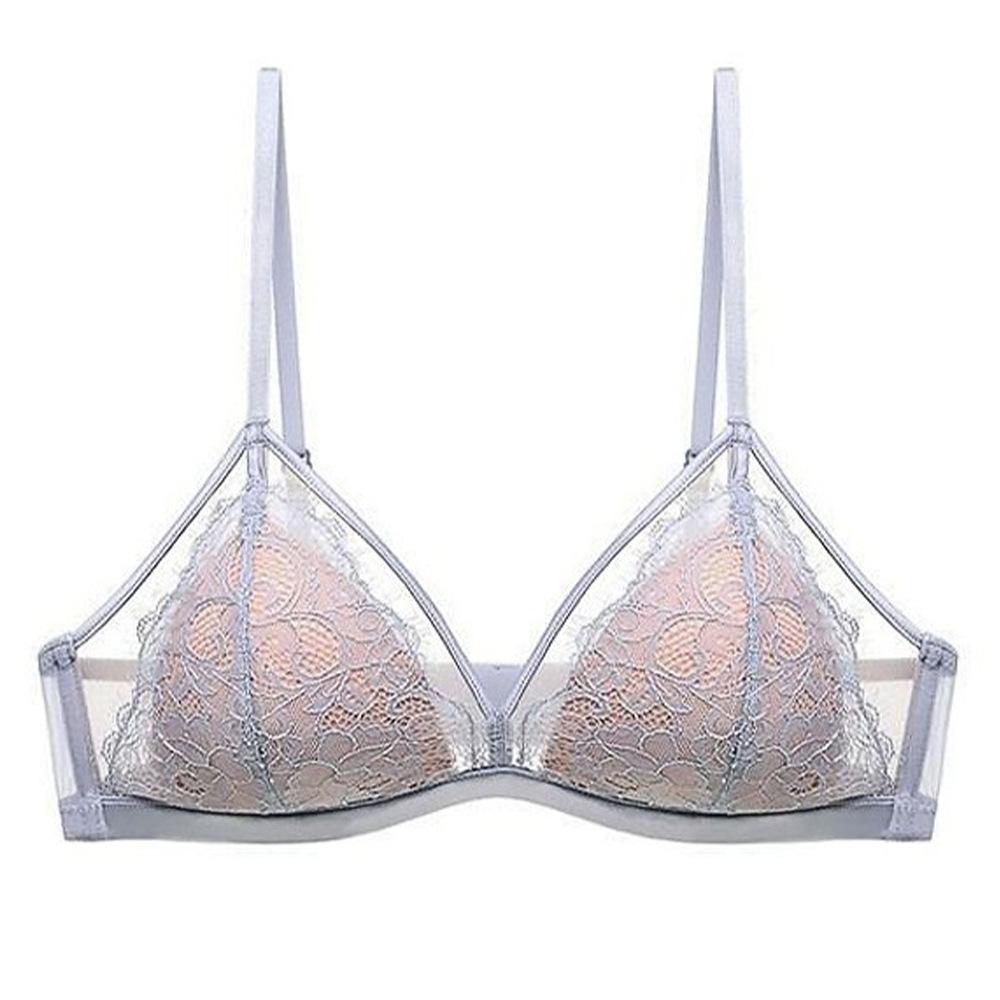

Summer Sexy Lace Underwear Women s French Eyelashes No Steel Rim Bra Thin Triangle Cup Small Breasts Gathering Underwear XL сірий колір