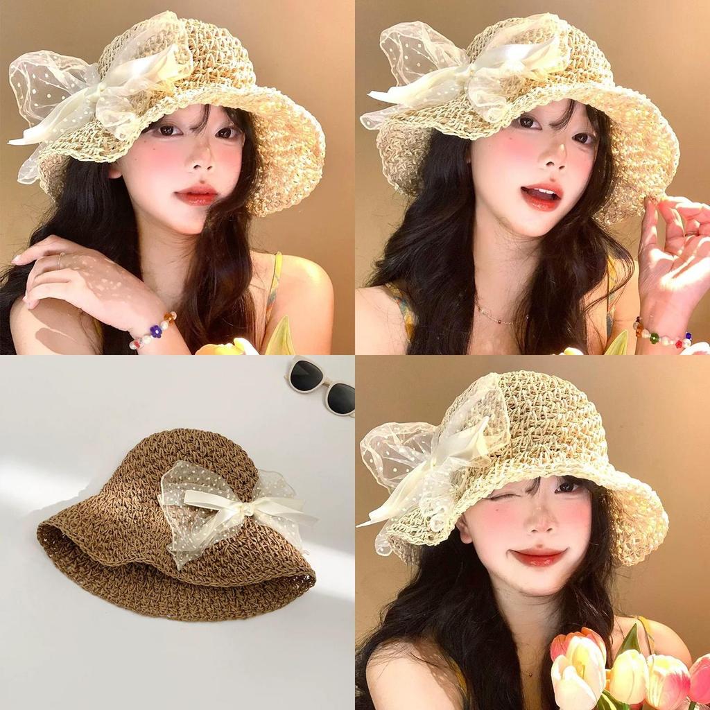 Butterfly Knot Lace Sun Hat For Women Summer Beach Sun Protection Foldable Wide Brim Fashion Accessory