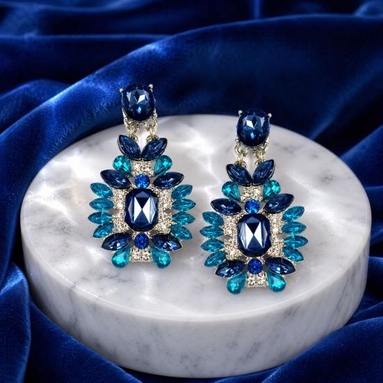 1 Pair Drop Earrings for Women, Geometric Exaggerated Blue Rhinestones Draped Earrings, Retro Palace Style Parties Jewelry