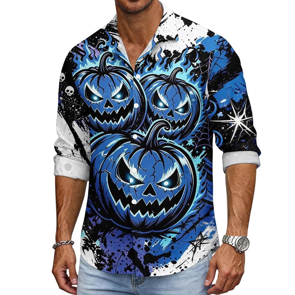 Men's Halloween Long Sleeve Button Down Shirt with Collar Casual for Holiday Parties