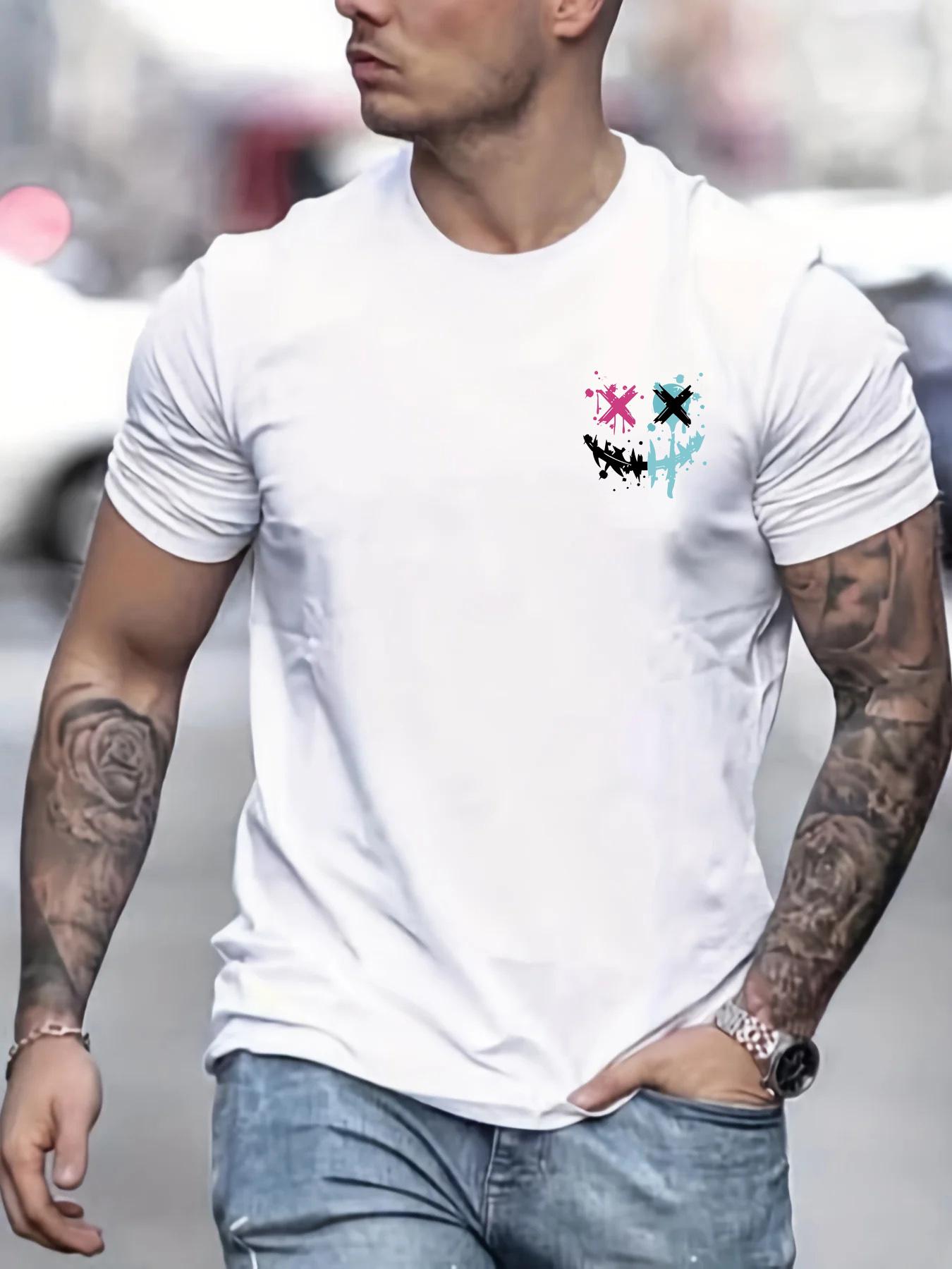 

2025 Summer New Men s Cotton Soft Casual Sports Loose Smiley Face Pattern Printed Crew Neck Short Sleeve T-Shirt Top Large Size 4XL