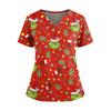 Women's Christmas Print V-Neck Double Pocket Short Sleeve  Uniform Top With Slit Hem