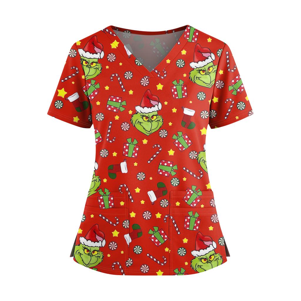 Women's Christmas Print V-Neck Double Pocket Short Sleeve Uniform Top With Slit Hem