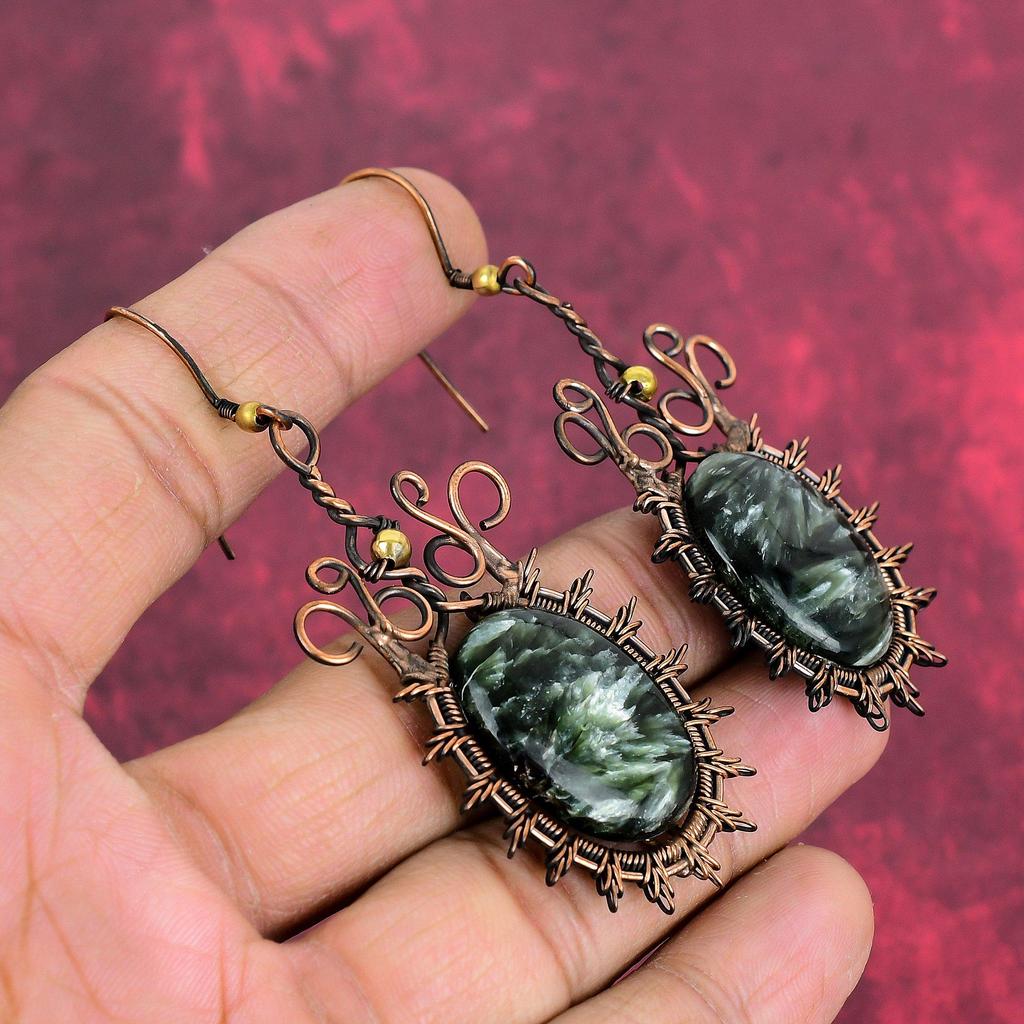 Brincos de pedra serafinita brincos com arame de cobre enrolado brinco delicado feito à mão joias de arame de cobre brinco longo incrível presente de aniversárioS