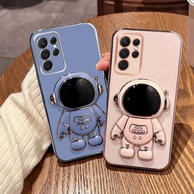 Luxus Astronaut Ständer Hülle für Samsung Galaxy S25 Ultra S24 FE S23 Plus S22 S21 A54 A34 A52 A53 5G A14 Plattiertes Silikon Handyhülle
