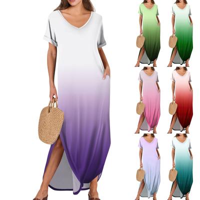 Damen Sommerkleid V-Ausschnitt Kurzarm Strandkleid Maxikleid Lang Kleider Casual Loose Fit Elegant Sommerkleid