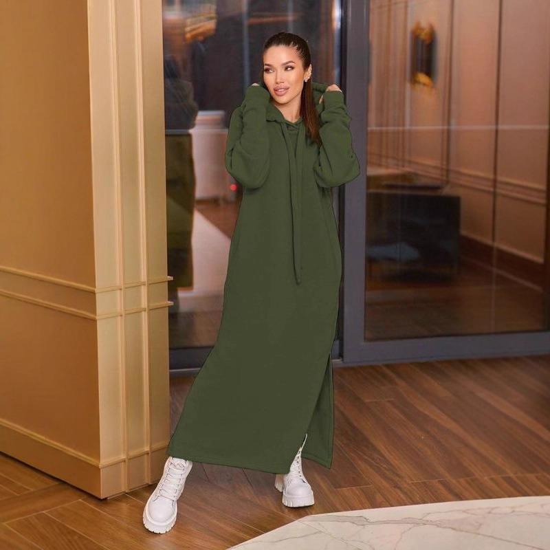 IHUASU Fashion Autumn Winter Long Sleeve Hooded Solid Color Print Casual Dresses