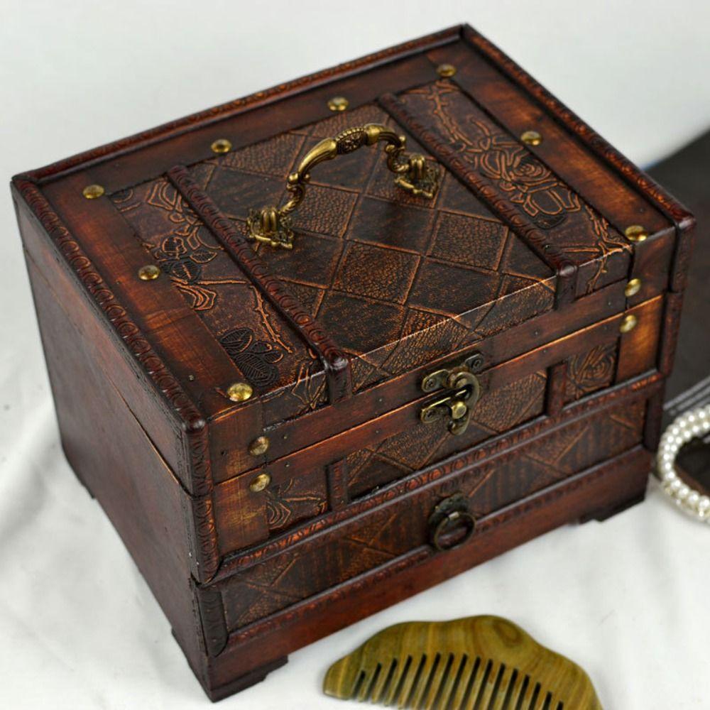 Intricate Carved Retro Distressed Storage Box Creative Dressing Box Wooden Treasure Box  Rings