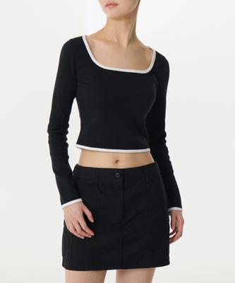 MUSINSA STANDARD WOMAN Women'S Slim Crop Square Neck Ringer Long Sleeve T-Shirt [Black/White]